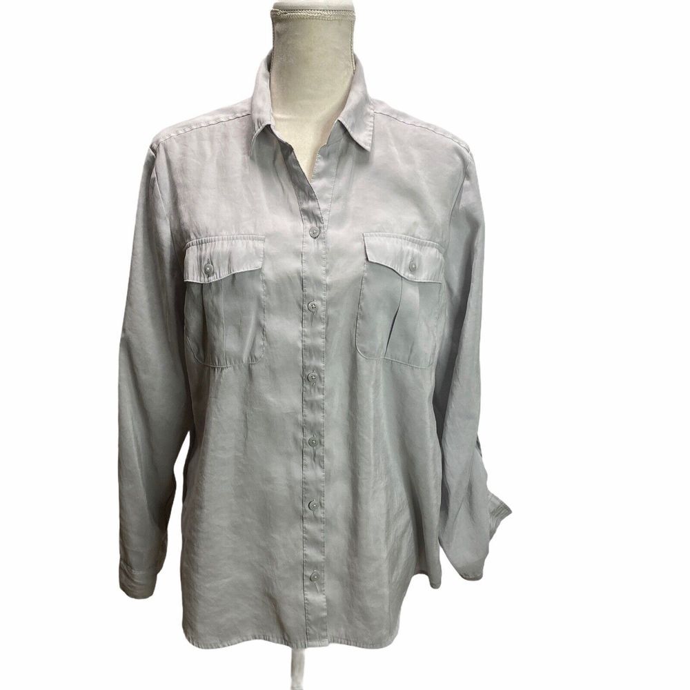 Chicos Blouse Gray  Button Roll Tab Size 2 Modal Polyester Women's‎